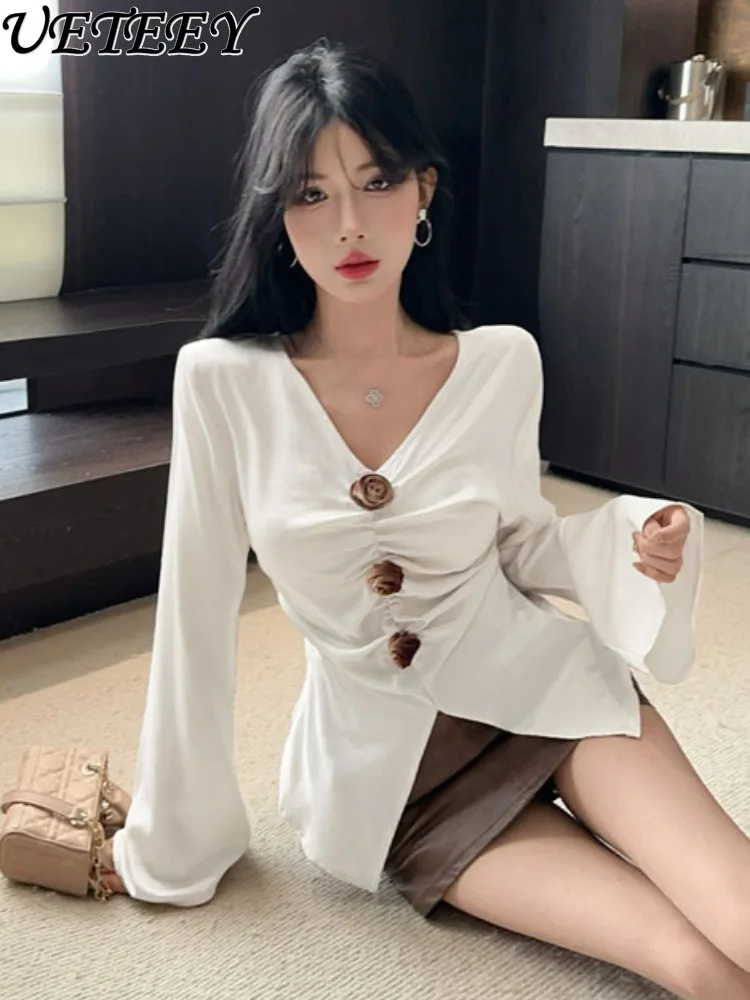 

Elegant Pure Desire Hot Girl V-Neck Long Bell Sleeve T-Shirt Women 2025 Autumn Waist-Cinching Ruched Irregular Slit Top
