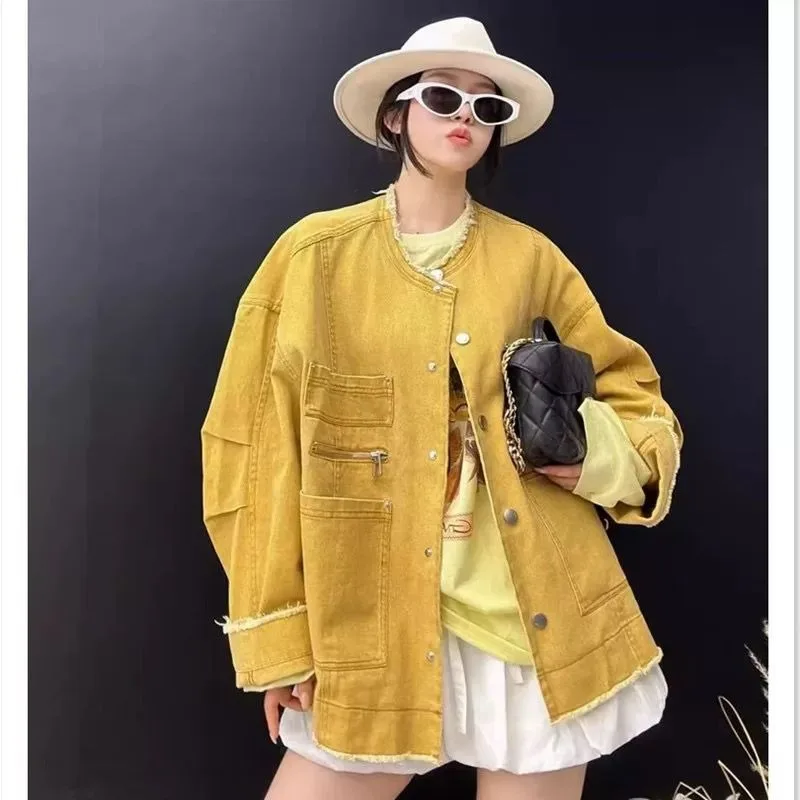 Women's New Jeans Jacket Fashion Frayed Edges Denim Jacket Loose Casual Mid-Length Multiple Pockets Top Denim Shirt Autumn Coat