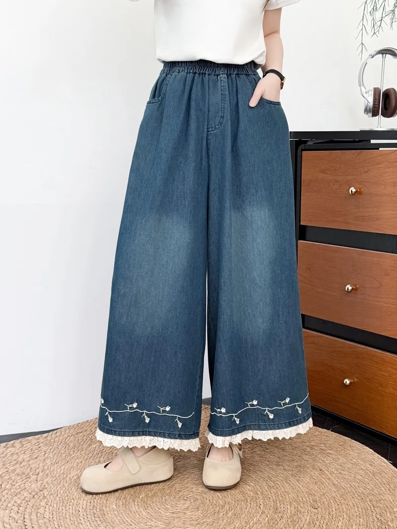 New 2026 Summer Women Denim Trousers, Elastic Waist Embroidery Lace, Mori Girl Sweet Age Reduction INS Straight Jeans B65457CC