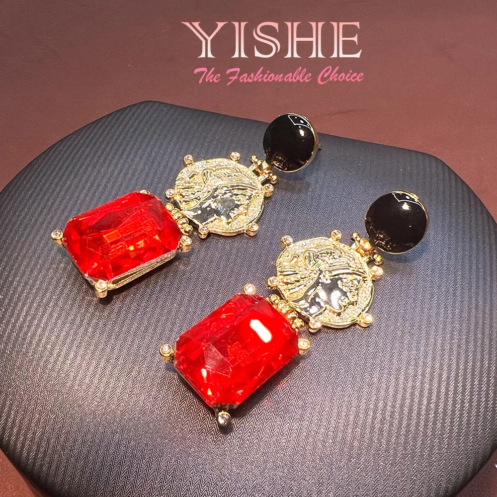 

24K ancient coin red head earrings vintage exquisite niche design court style medieval earrings