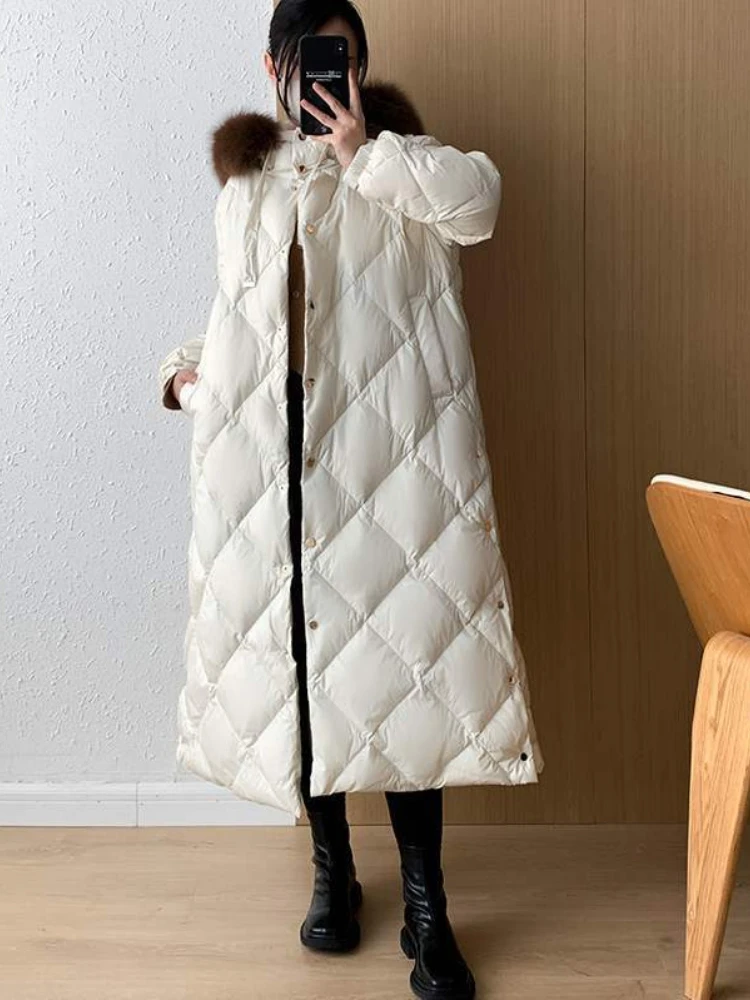 Women\'s Real Fox Fur Collar Hooded Winter Jacket 90White Duck Down Thick Warm Long Down Lace-up Waist Woman\'s Quilted Jacket