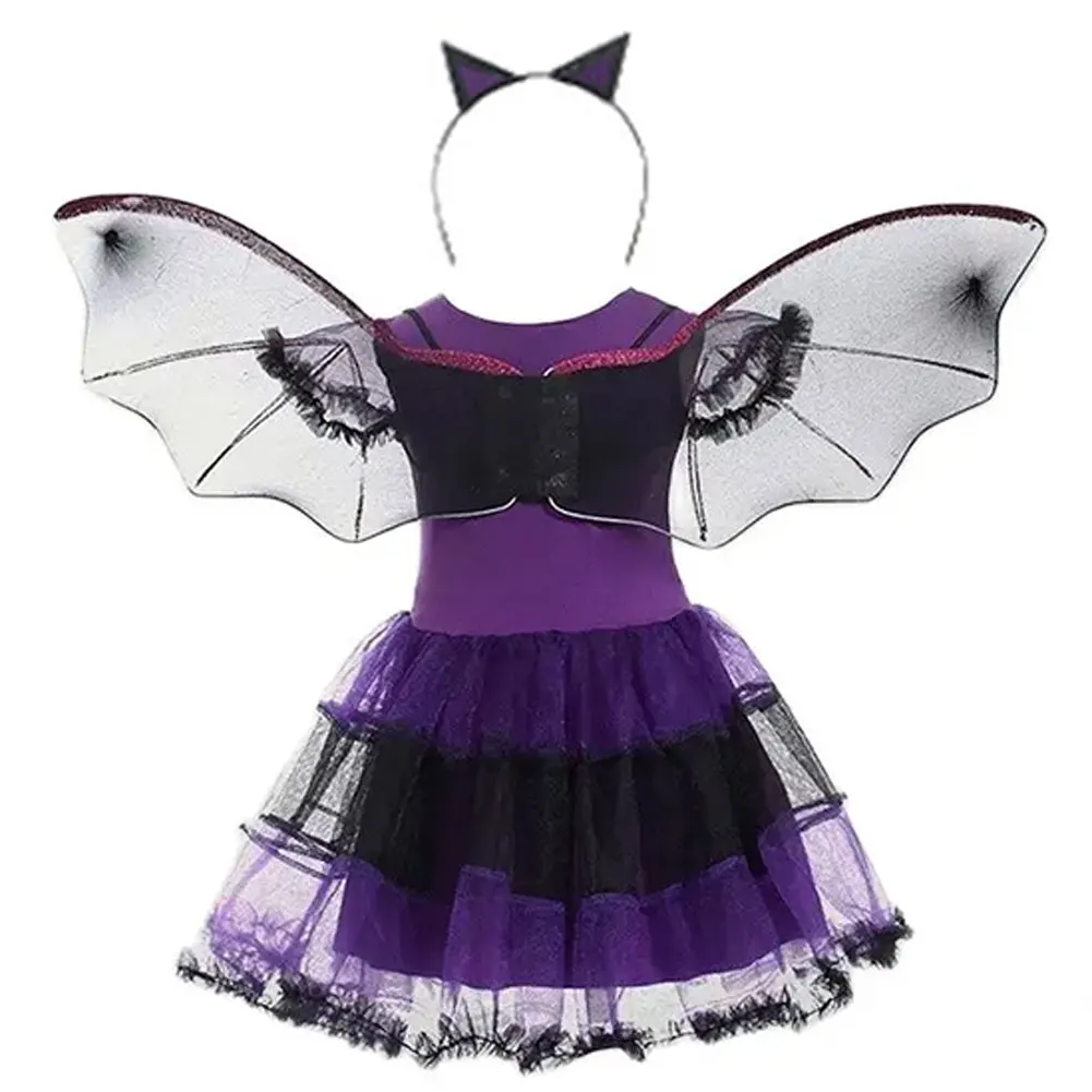 Halloween Festival Party Girls Purple Black Witch Cute Bat Lace Dress for Girl With Wings Headband Accessories Dress Set 1-12T