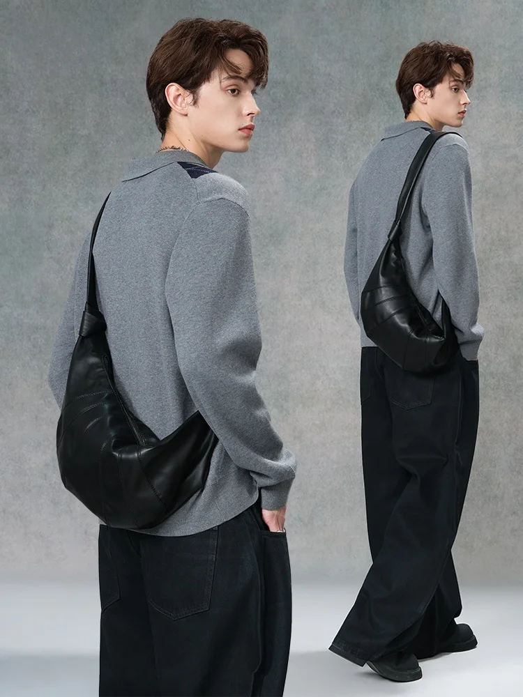 

2026 New Men's Fashion Brand Chest Bag Slant Crossbody Bag Dumpling Shape Leather Bag European Style Soft Leather Backpack