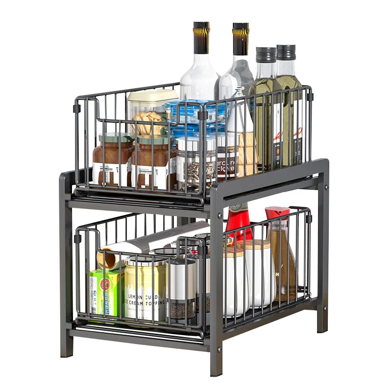 Double-layer removable pull-out sink rack, sundries storage rack