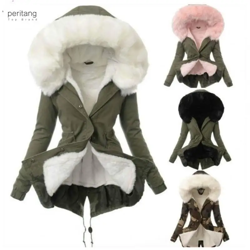 

Ladies Winter Faux Fur Lining Hooded Long Sleeve Thicken Cashmere Overcoat Jacket Medium Long Removable Hooded Parka Coat