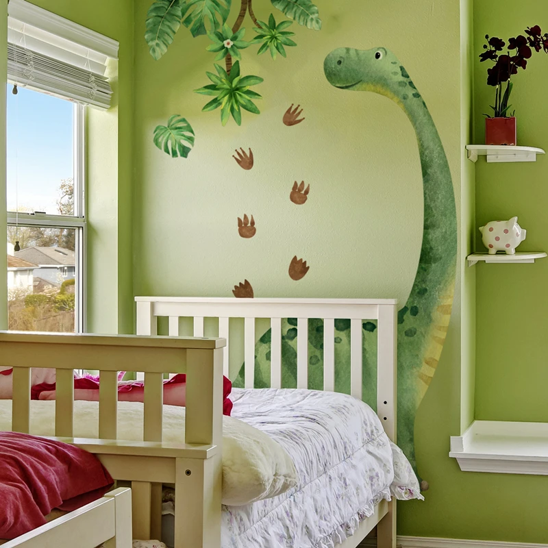 Cartoon Baby Dinosaur Green Leaf Footprint Vinyl Wall Stickers Home Decoration for Kids Room Puzzle Game Giant Animal Poster