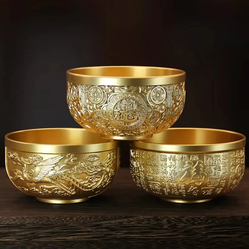 Engrave Bronze Copper Drinking Bowl Auspicious Tibetan Holy Water Milk Tea Cup Golden Buddhist 10 cm Bowl Home's Gift Decorative