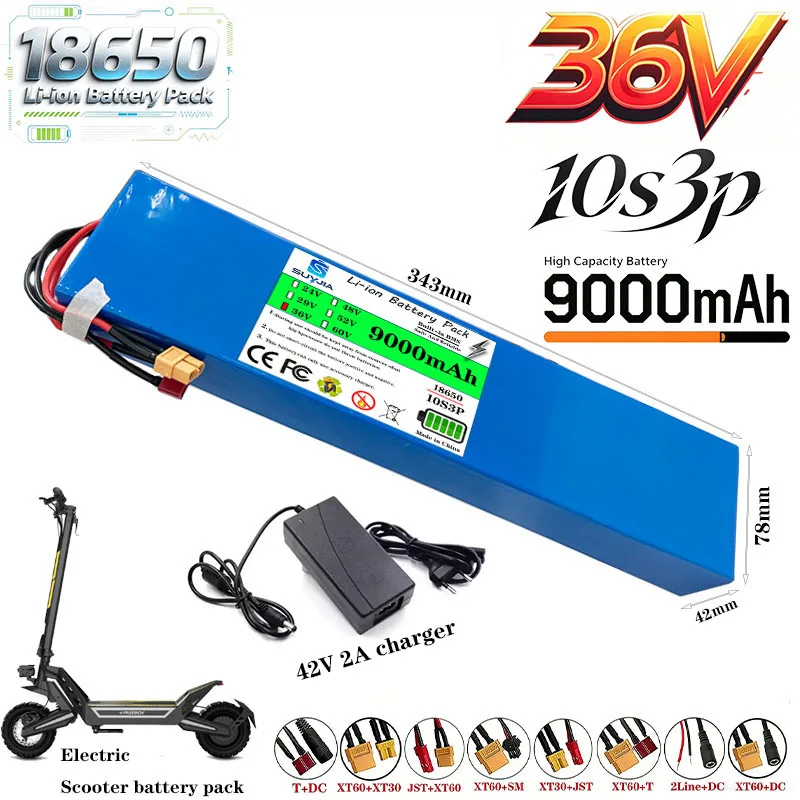 36V 전기 스쿠터 배터리, 10S3P 구성, 9Ah 용량, 18650 등급 A 셀 사용, 500W-1000W 출력, 내장형 BMS, XT60 DC 커넥터, 긴 주행 거리, 안전하고 내구성 우수