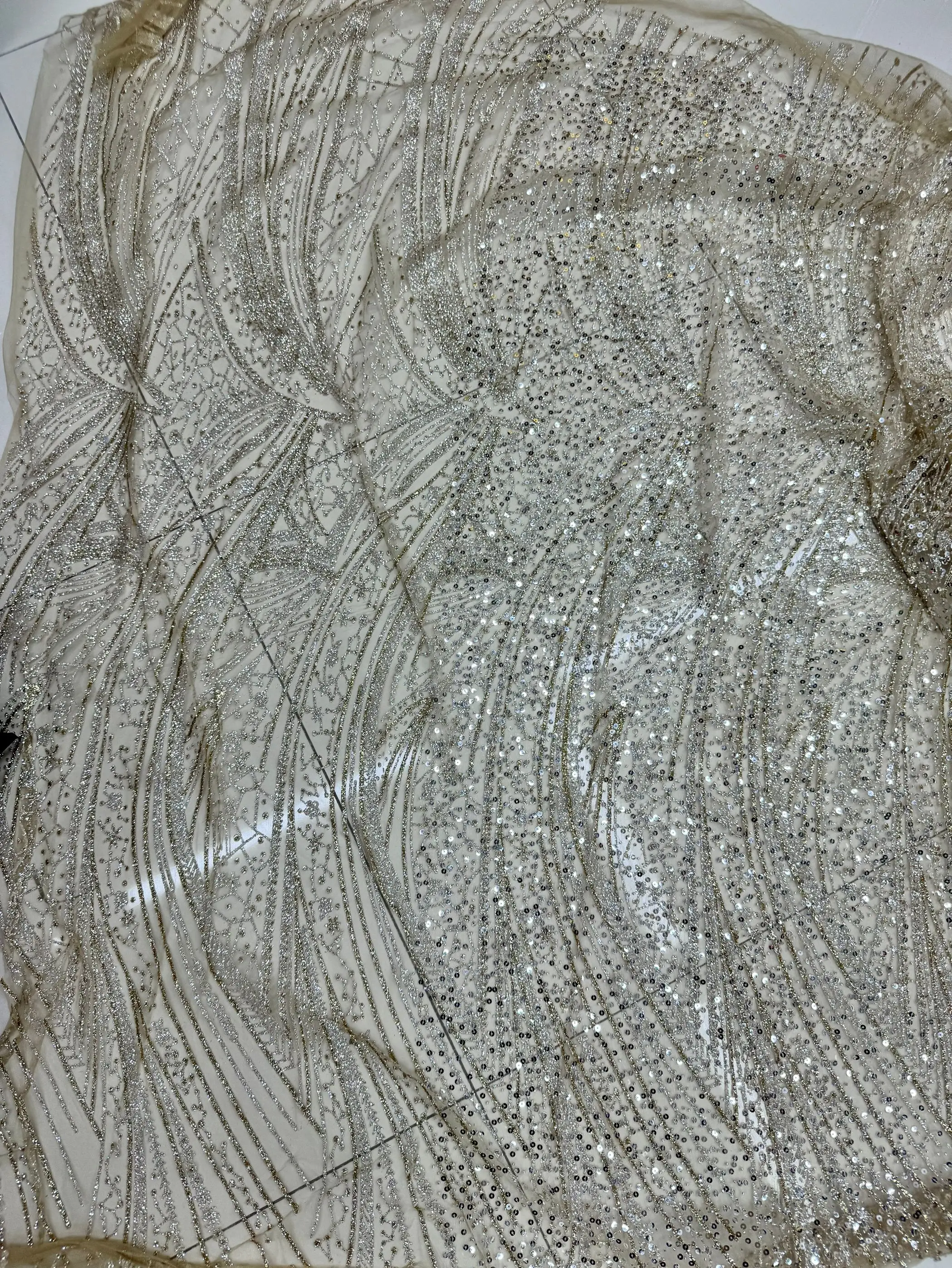 Luxury Sheer Foiling Sequin Fabric Evening Dresses Performance Costumes Hot Stamping Embroidered Beaded Lace Trim Material
