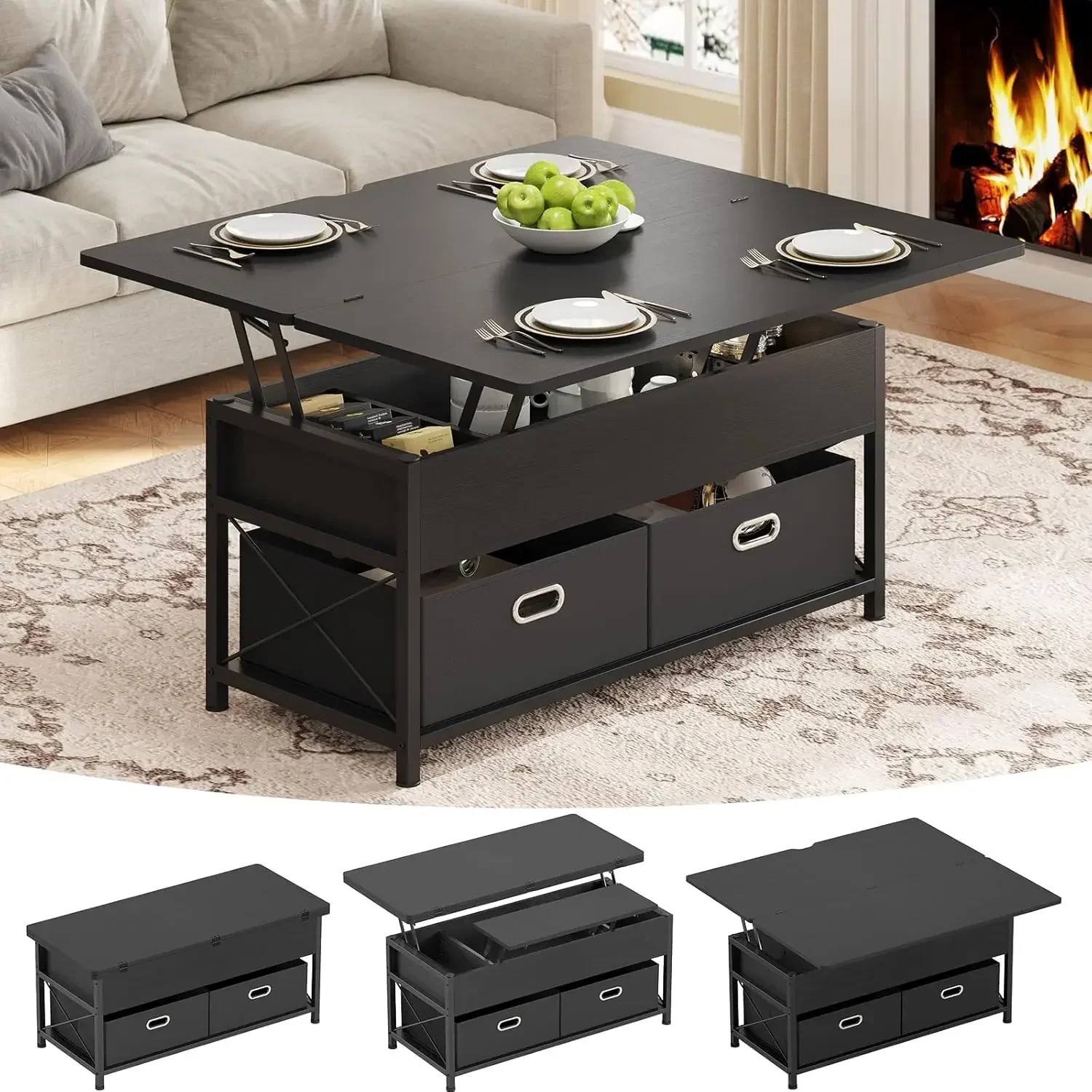 Lift Top Coffee Table, 4 in 1 Multi-Function Dining Table with Hidden Compartment &2 Drawers, Convertible Square Center ，Black