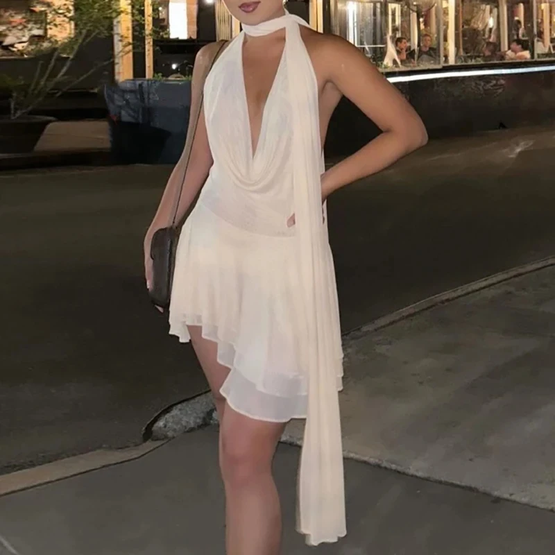 

Summer Women High Waist Solid Dresses Fashion Irregular V-neck Sleeveless Mesh Dress Elegant Backless Halter Slim Chiffon Dress