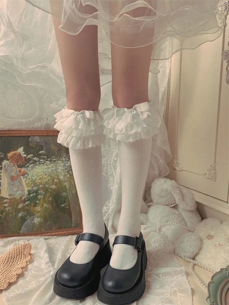 Lolita Big Lace Stockings Flower Wedding Velvet Double Lace Calf Socks Over Knee Lolita Socks Lovely Bowknot Heap Heap Socks