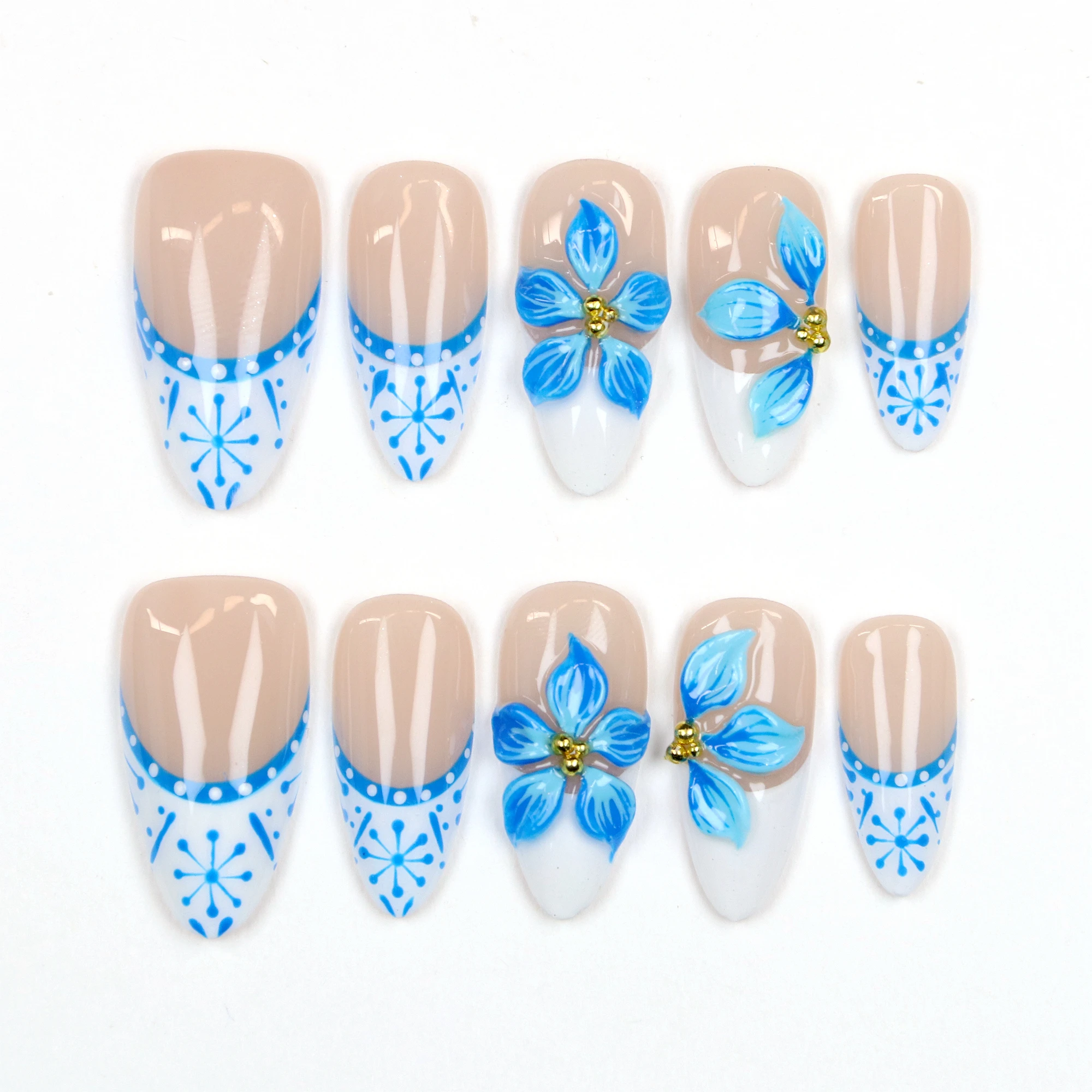 10 قطعة Y2K ثلاثية الأبعاد تصميم مخصص فاخر طويل خنجر اضغط على الأظافر ، زهور زرقاء جميلة FreeStyle الصحافة عطلة هدية عيد