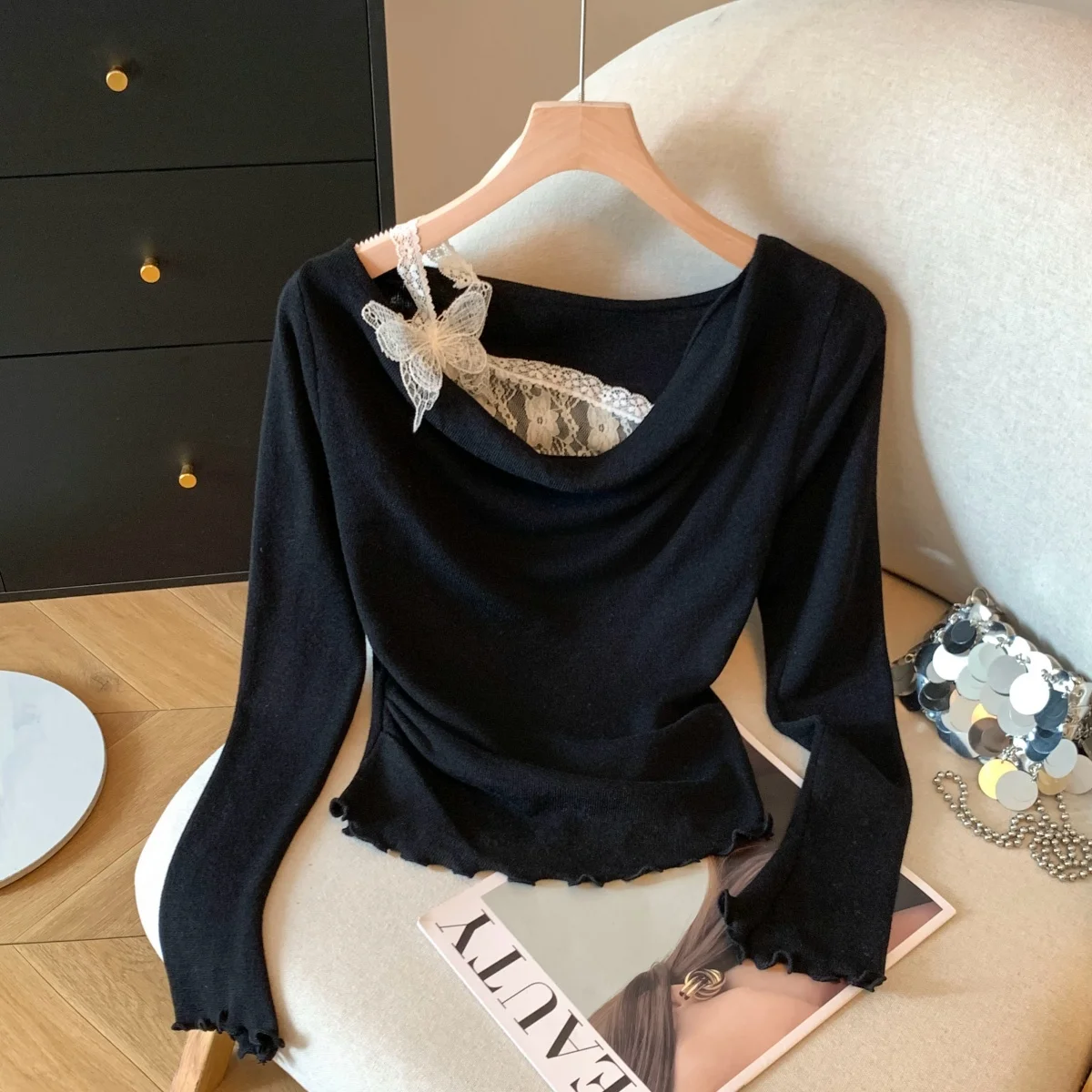 

Knitted oulder Bared Women's Top Sle Autumn Faion Casual Nylon Fabric Regular Sve Ladies Sweater