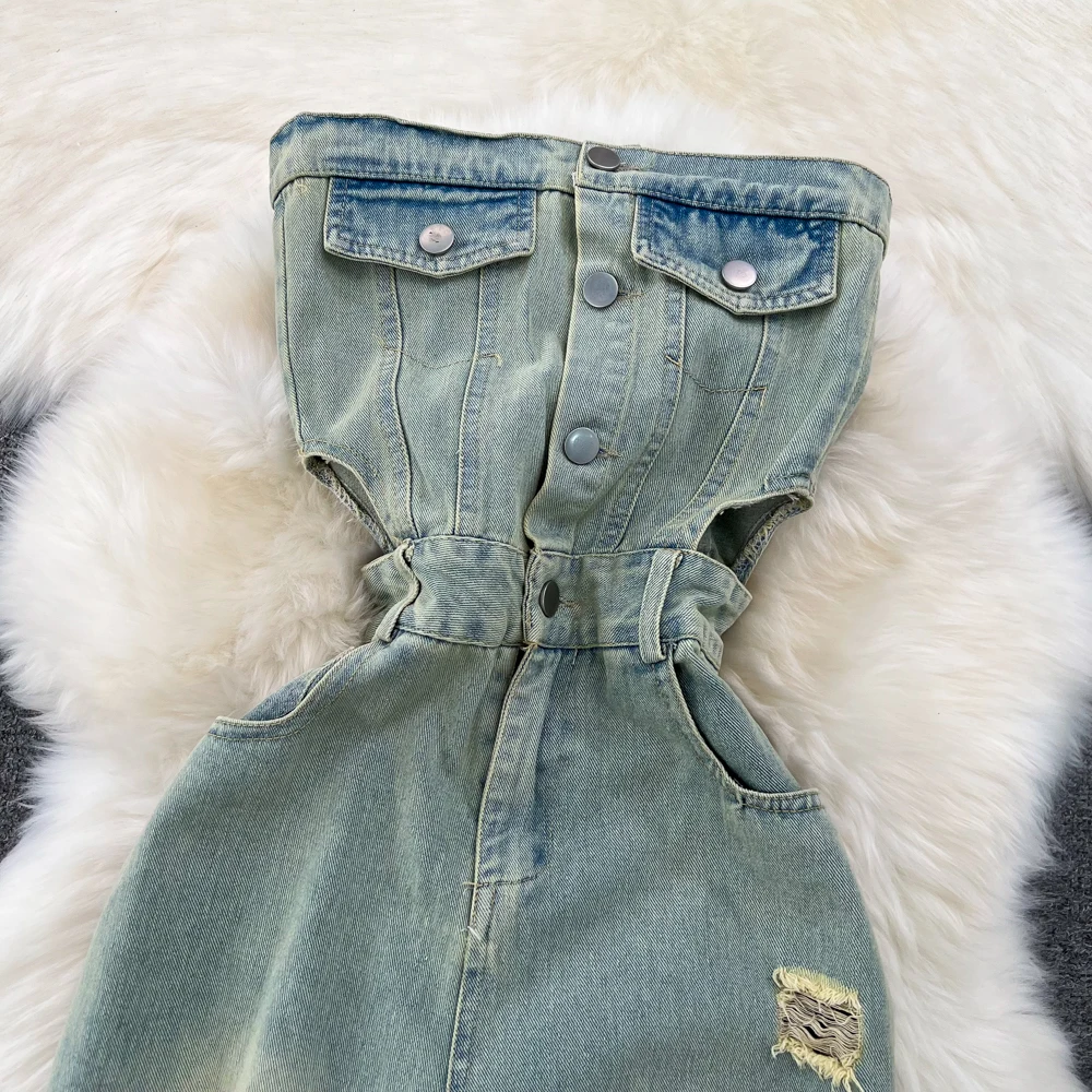 Jumpsuits Women Denim One Piece Jeans Hole Wide Leg Pants Strapless Sleeveless Distressed Jumpsuit Streetwear Vintage 2026