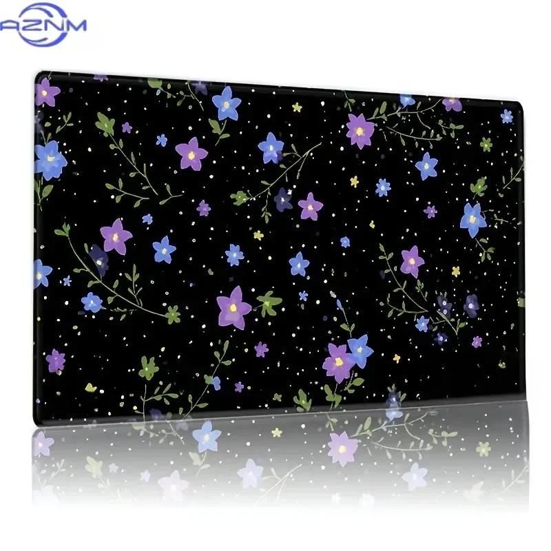 Black Base Purple Blue Wildflower Large Mousepad, Non-Slip Rubber Waterproof Extended Desk Mat, Delicate Floral Art Mouse Pad fo