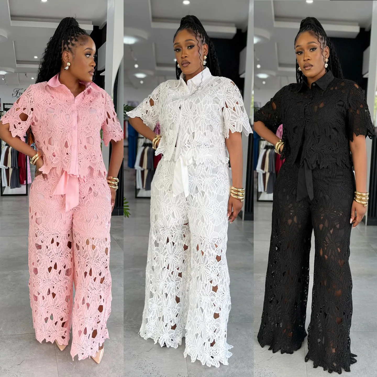 

Streetwear Hollow Out Lace Casual Pants Outfits Sexy Women Two Pieces Club Matching Set Top+Trousers