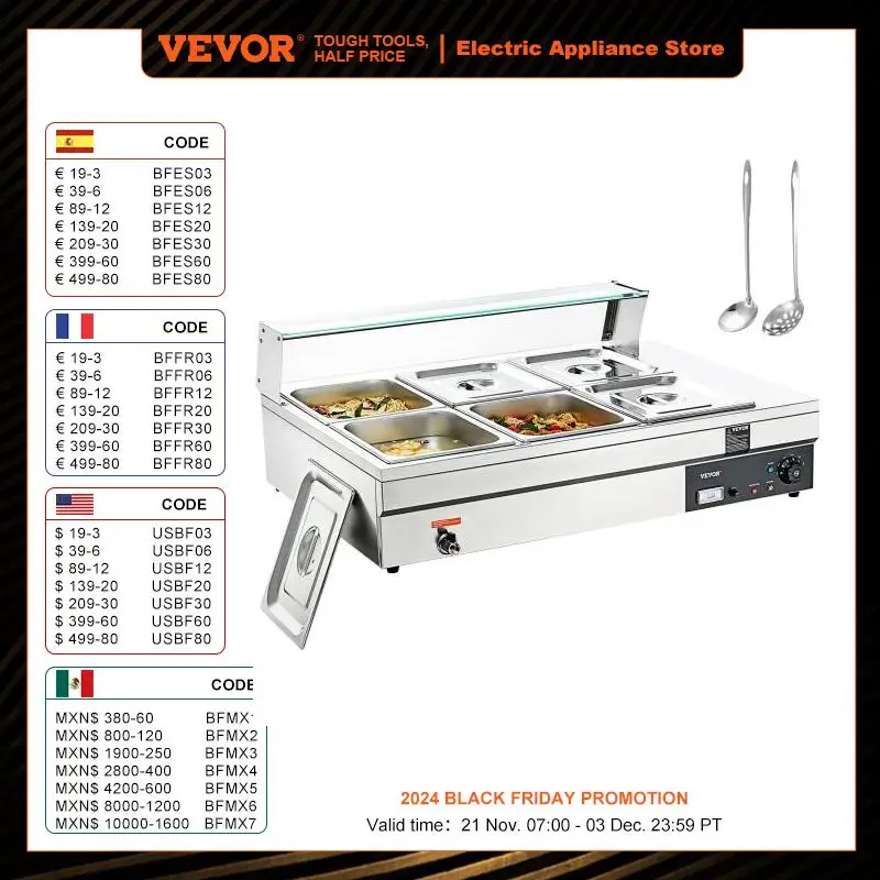 VEVOR Commercial Electric Soup Food Warmer with 3/6/10/12 Pans Stainless Steel Bain Marie Buffet Countertop for Home Restaurant