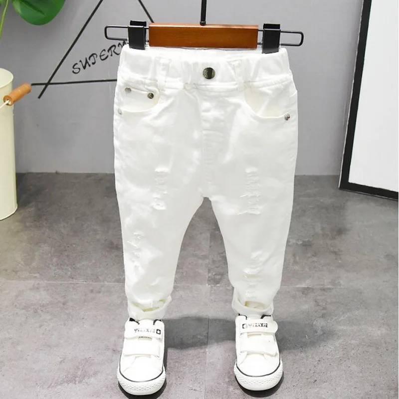 2-8Years New Children\'s Pants Spring Autumn White and Black Casual Kids Straight Pants Boys Fashion Pants Girls Ripped Pants