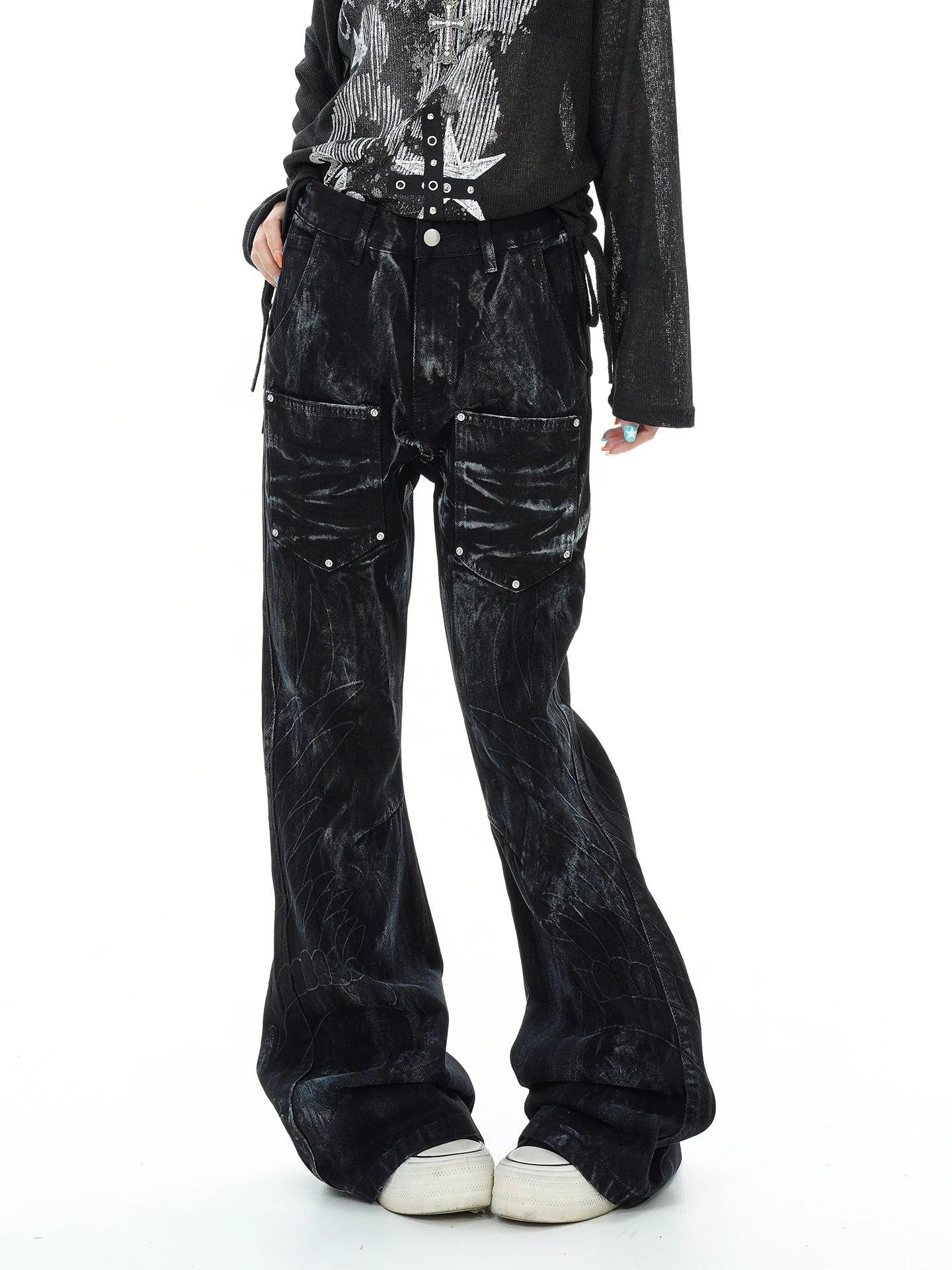 Summer New Style Women's Jeans Spray Painted Dirty Micro Flared Street Style Versatile Multi Pocket Long Trousers Trendy