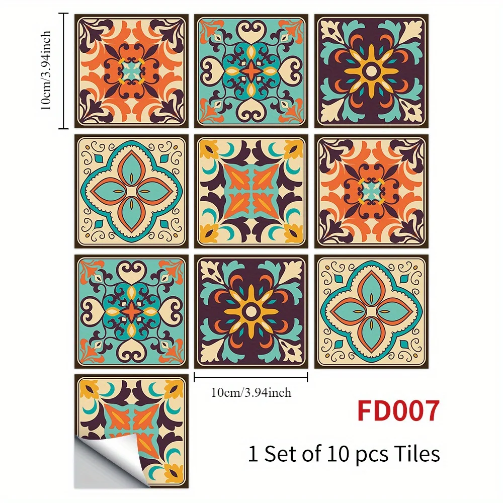 10 Pcs Mandala Moroccan Decorative Tile Stickers, Removable Decor Wall Tile Decals for Kitchen Bathroom Laundry Stair Fireplace