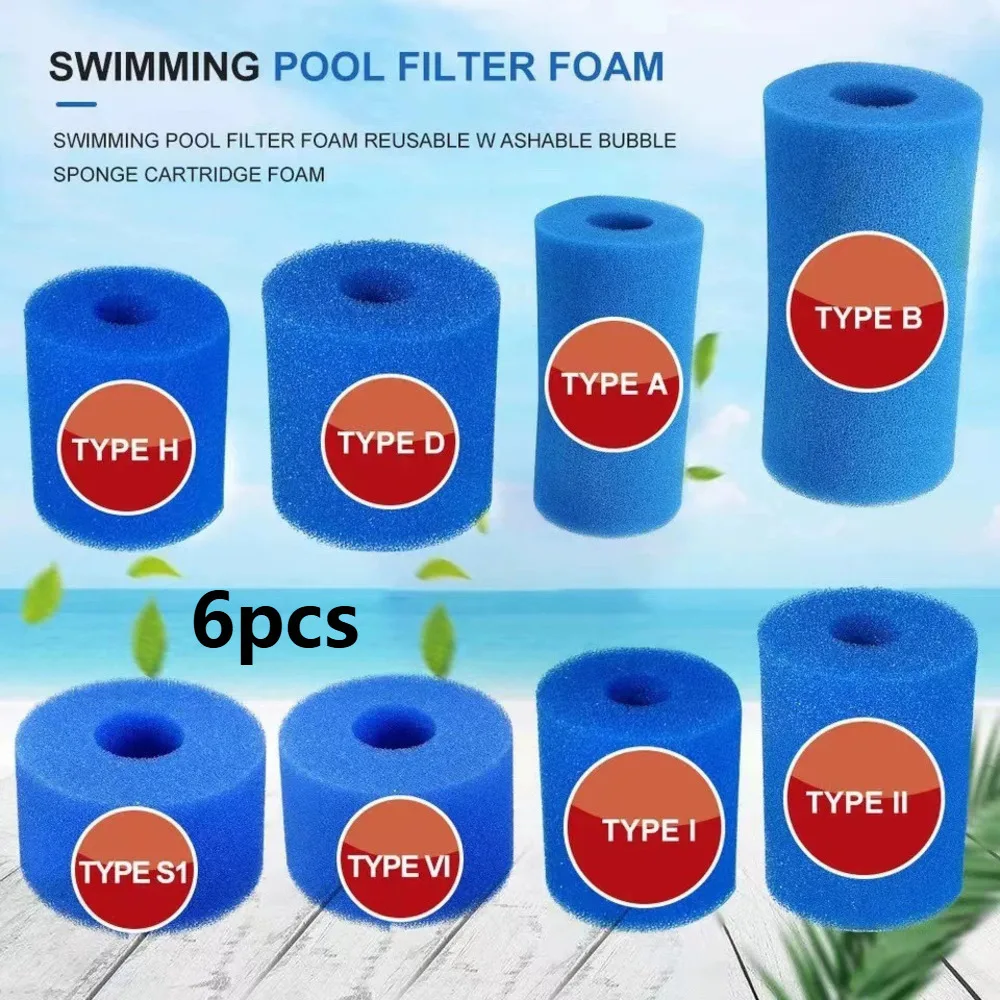 6pcs Reusable Washable Foam Filter Cartridge For Intex Type I II VI SI H A B D Swimming Pool, Pool Accessories