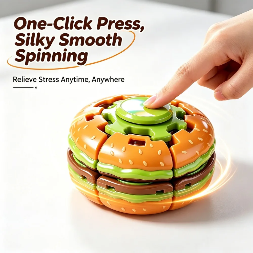 3D Hamburger Press and Spin Ball Novelty Stress-Relief Office and Classroom Fidget Spinner Toy Portable Stress-Relief Gadget