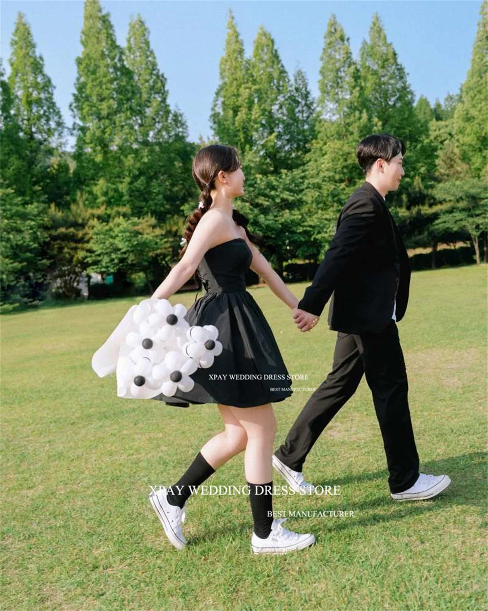 XPAY Simple Black Short Prom Dresses Above Knee Customised Wedding Dress Strapless Mini Satin Night Event Gowns Marriage Custom