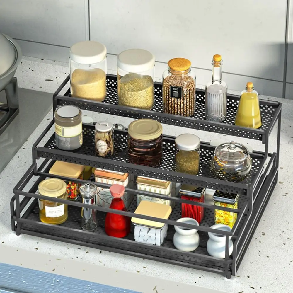 Black Pull-out Drawer Seasoning Rack Rustproof Strong Load-bearing Pull Out Storage Rack Large Capacity Spice Storage Holder