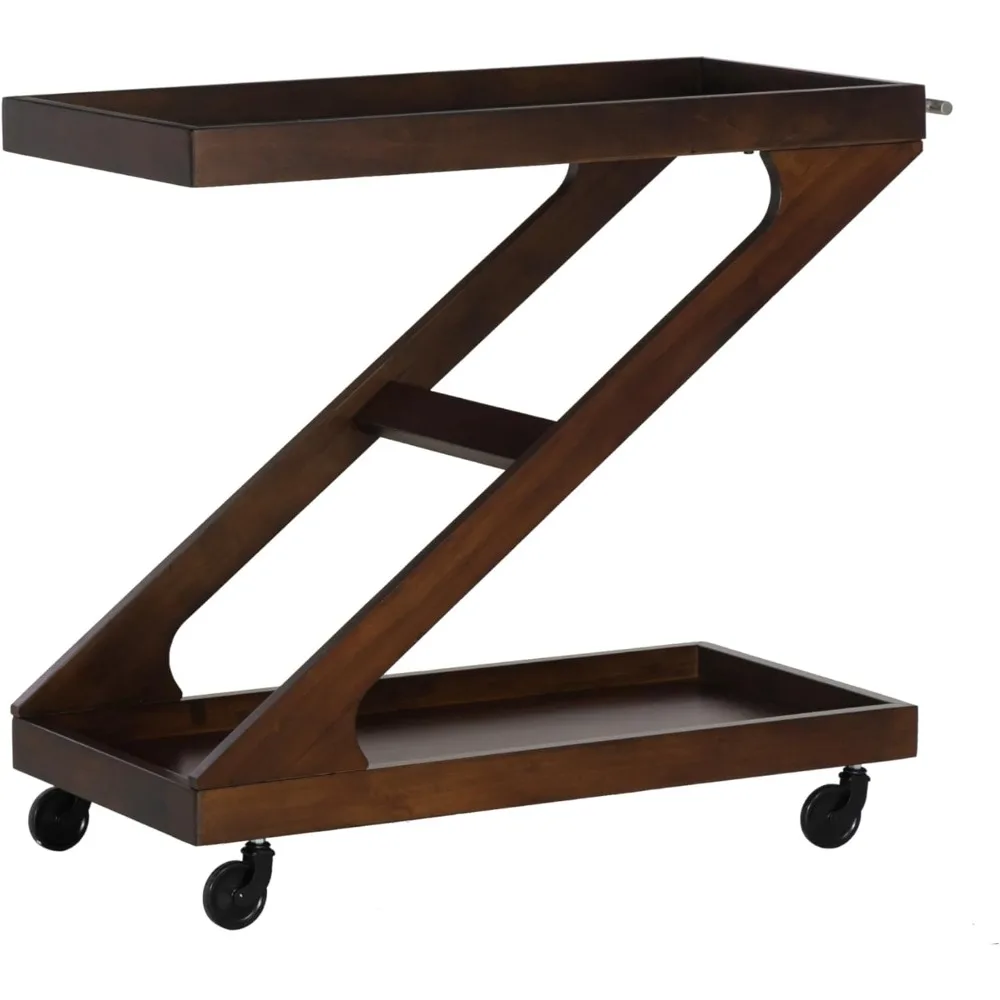 Carro de barra en forma de Z de madera marrón oscuro Powell Mannon con tapa de vidrio templado en ruedas rodantes