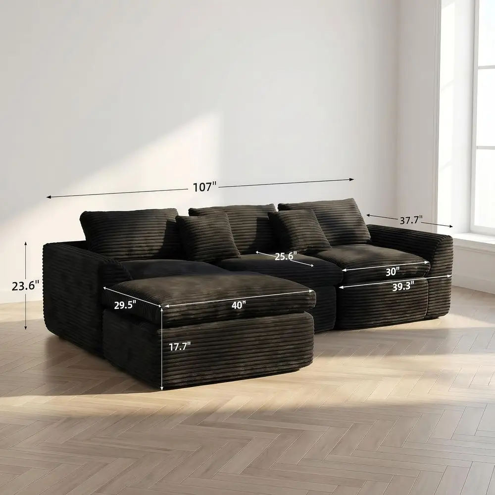 107'' Black Oversized Deep Seat BonelSectional Couch with Ottoman. | No Installation Required, Double-Layer Cushions, Removable