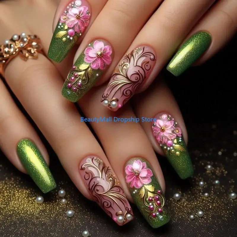 

40JD Elegant Green Floral Gradient Press on Manicure Easy To Apply 24pcs