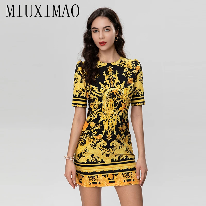 

MIUXIMAO 2023 Fall Dress Fashion Short Sleeve Slim Gold Flower Diamonds Tank Dress Women Vestidos Retro Loose Mini Dress