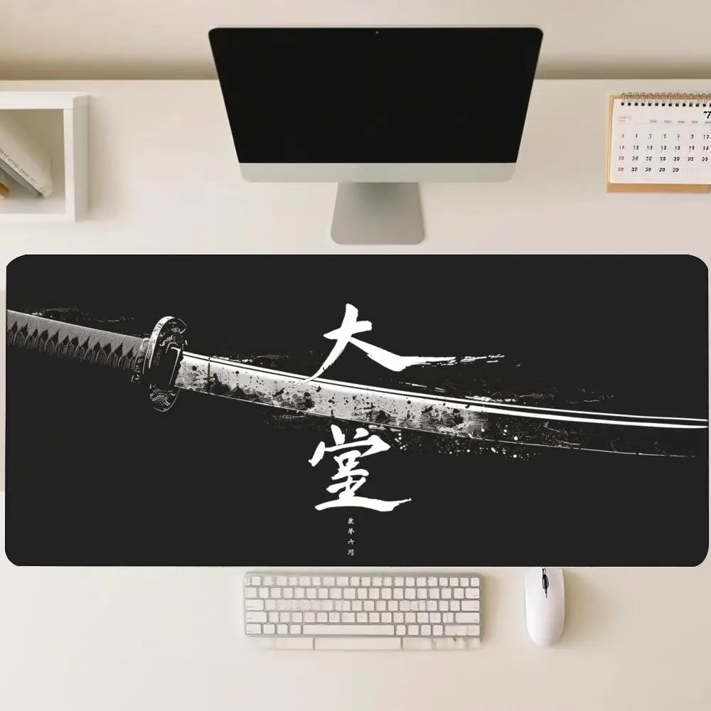 Desk Mat Japanese Samurai Katana Sword Print Stitched Edge Anti‑Slip Rubber Mouse Pad for Gaming Working Home Laptop Desk Setup