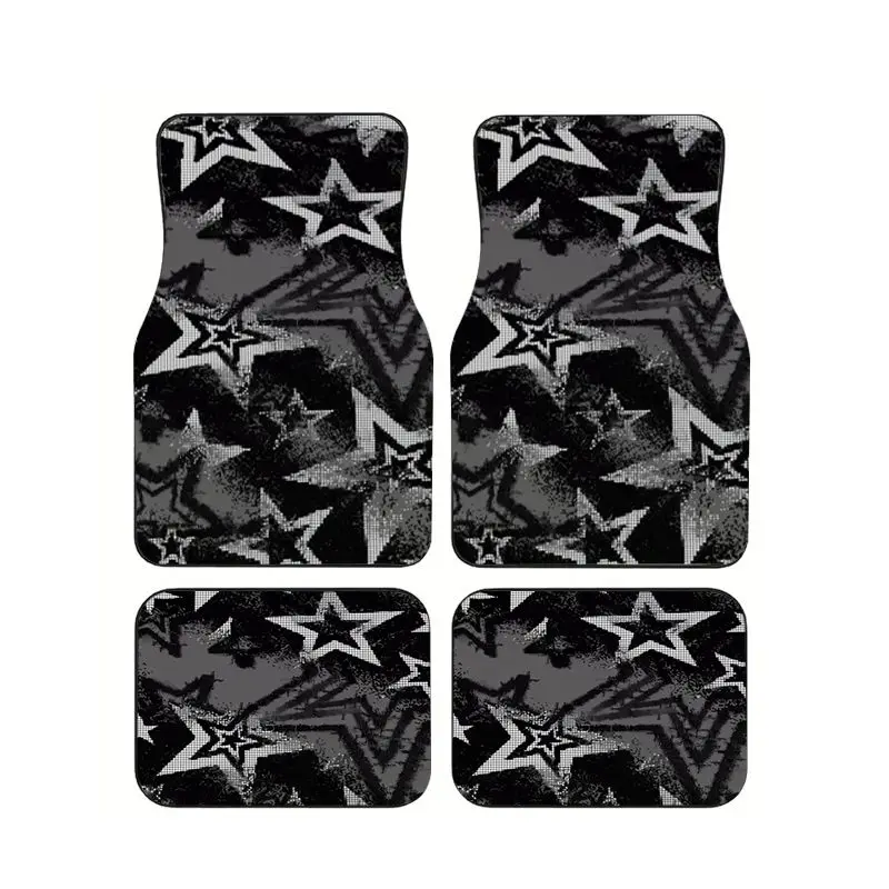 Universal Car Floor Mats Set 4Pcs Gray Star Print Grunge Aesthetic Non-Slip Auto Carpet Interior Accessories For All Trucks