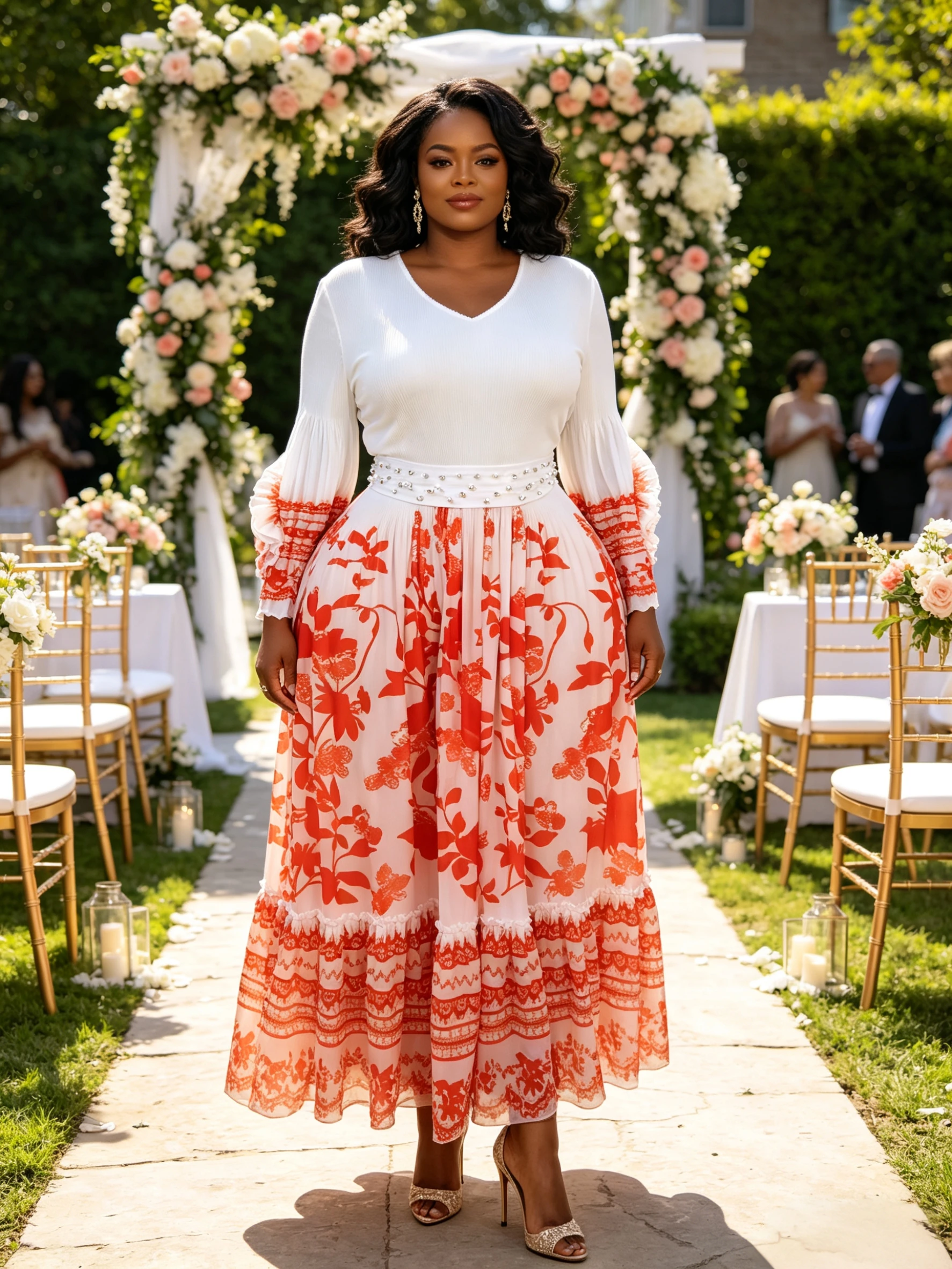 Miyake Pleated Plus-Size Dress for Women, Rhinestone-Embellished Waist-Cinching Printed Long-Sleeve Gown, Elegant Slimming V-Neck Dress for Weddings and Banquets