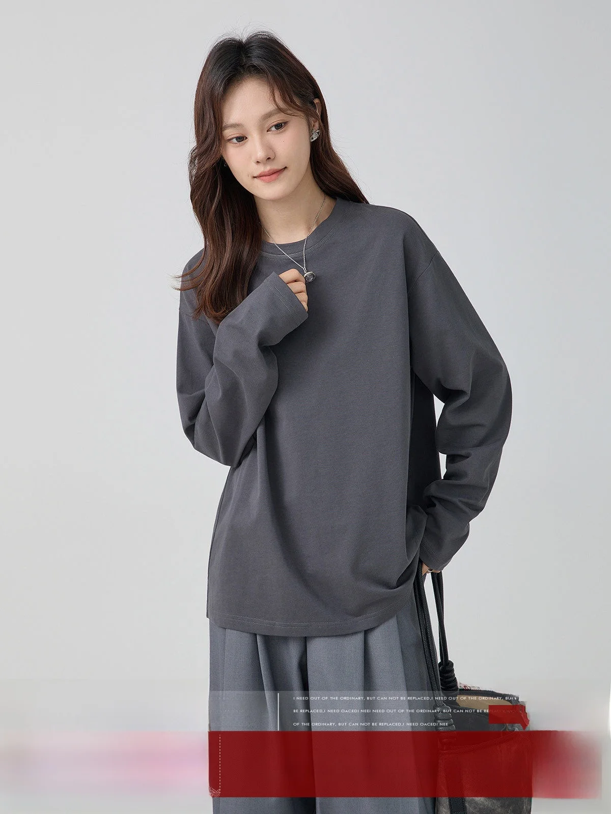 

MoZao ey round Ne Long Sve Loose T-irt Women's Autumn New Sle Slimming Small Size Top Commute Sle Pure Color Cotton