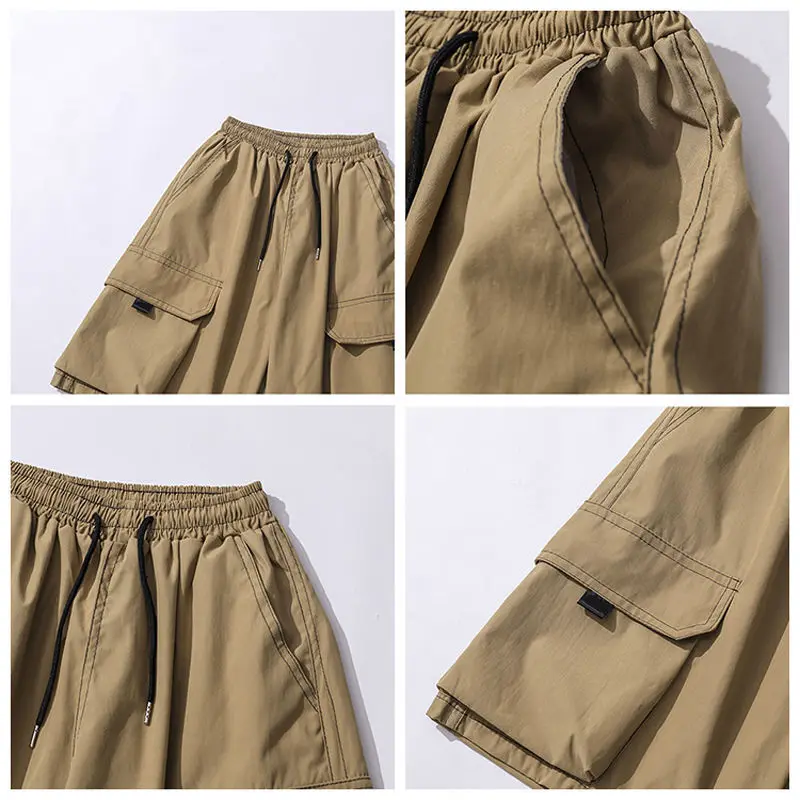 2024 New Fashion Japanese Retro Khaki Cargo Shorts Men Loose Casual Elastic Waist Trendy Brand Ins Five-point Pants Men Shorts