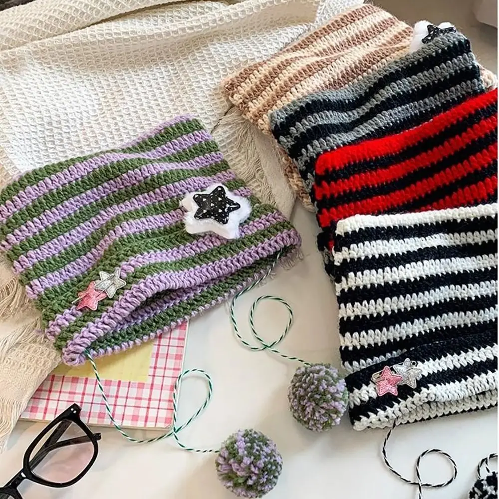Crochet Cute Cat Y2K Cute Y2K Beanie Hat Striped Devil Ear Cat Star Devil Hat Autumn Winter