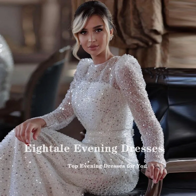 Eightale Luxury Wedding Dresses O-Neck Customized Long Sleeves Sequin Pearl Mermaid Arabic Sparkly Bridal Gown Vestidos De Novia