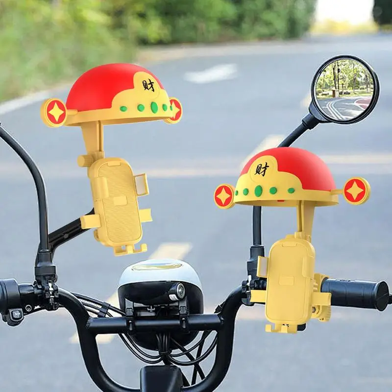 Adjustable God Of Wealth Motorcycle Phone Holder Cute Cartoon Helmet Scooter Phone Stand With Hat Sun Shade Rain Cover