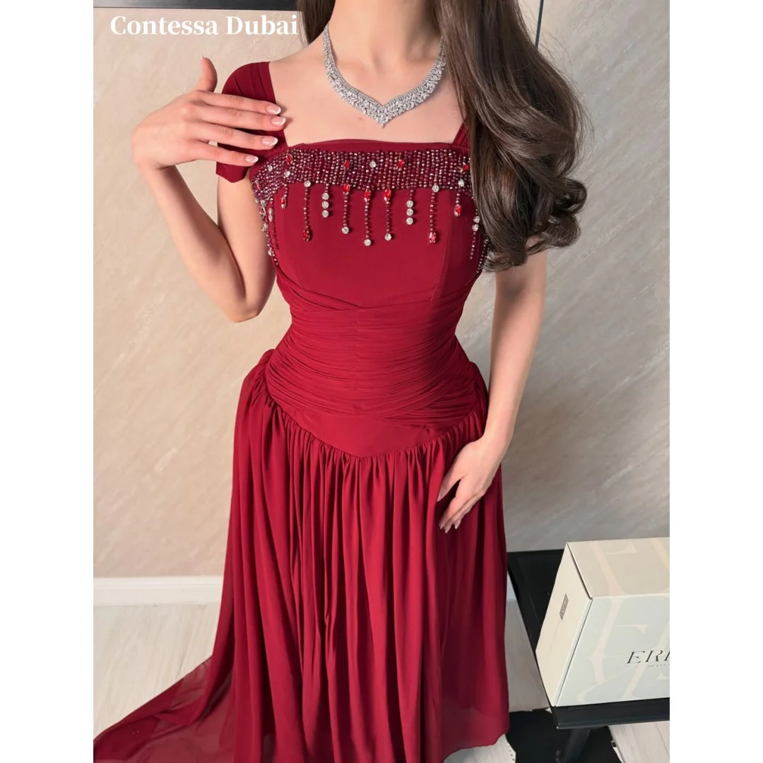Contessa Custom Red Square Collar Prom Dress Crystal Beaded Vestidos De Noche Multilayer Pleats Floor-Length Formal Evening 2026
