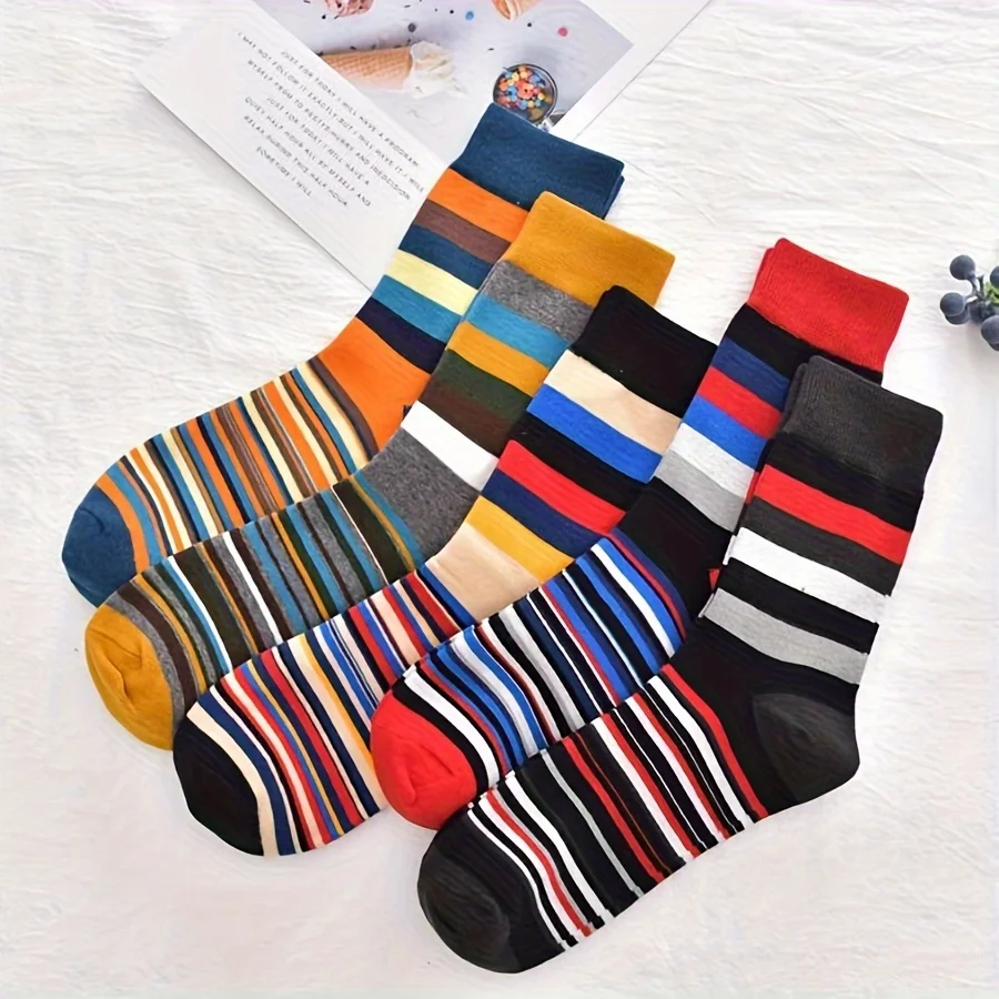 5 Pairs Autumn and Winter New Men\'s Socks Stripe Contrast Color Fashion Retro Trendy Ins Style Sports Leisure Tube Socks