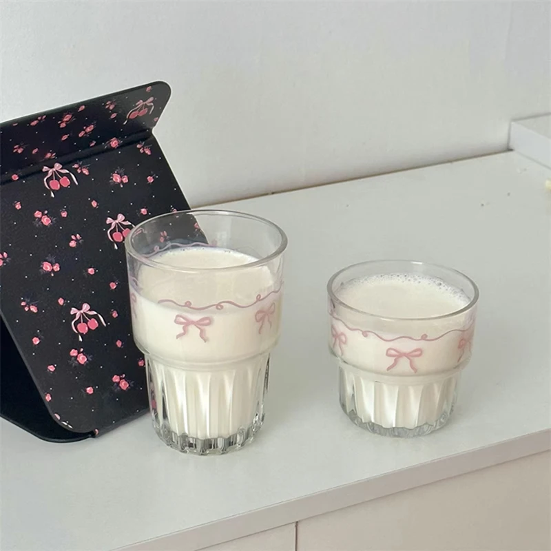 Kawaii Bowknot Glass Cup Aesthetic Cute korean Cups For Cold Hot Coffee Juice Wine Milk Drinking Glasses Ice Cream Dessert Cup