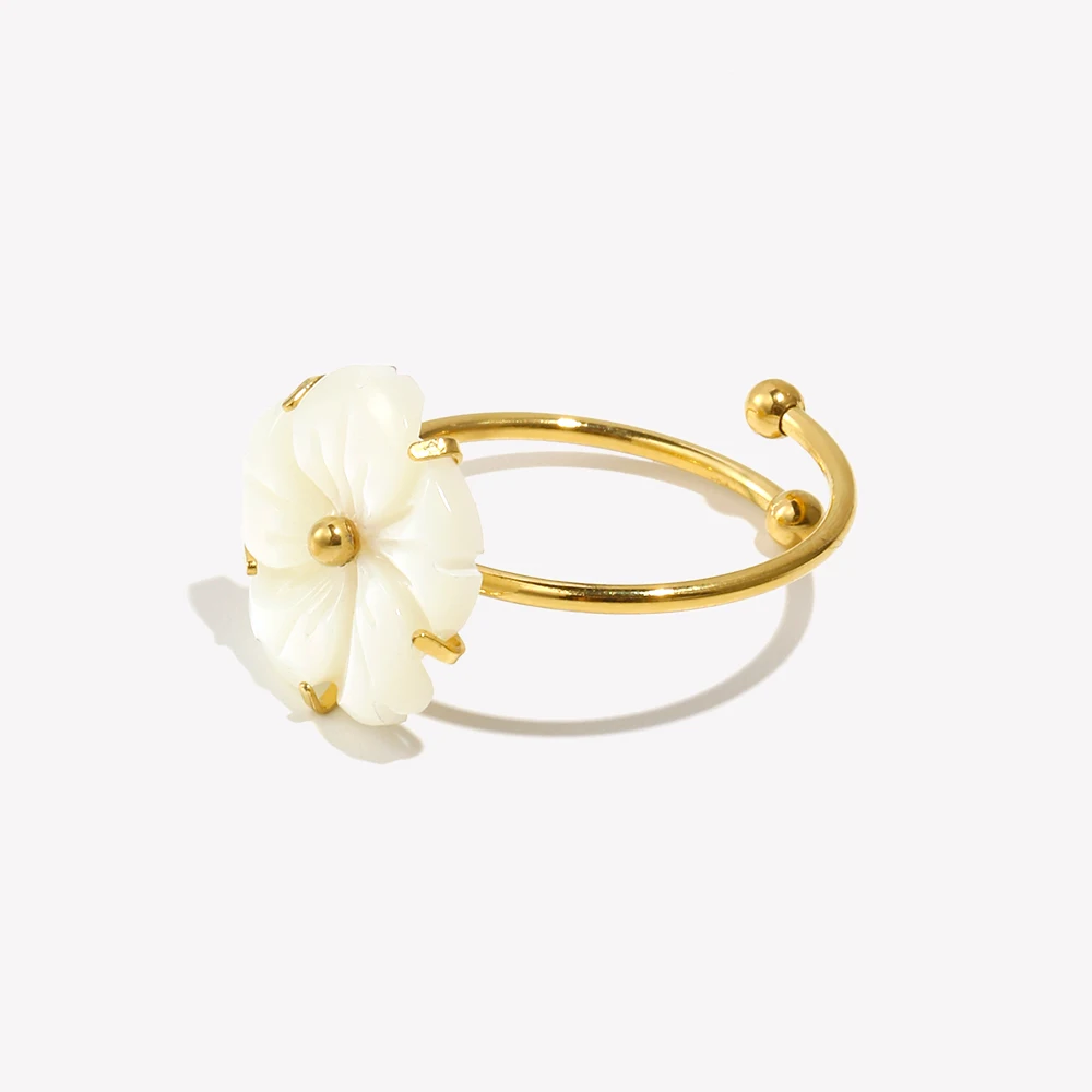 E.B.belle PVD مطلي أنيق الأبيض شل زهرة قابل للتعديل خواتم الفولاذ المقاوم للصدأ النساء حفلة عطلة بيان مجوهرات