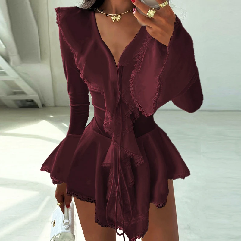 أنيقة الخامس الرقبة Ruch طويلة الأكمام فستان قصير الخريف موضة الراحة عالية الخصر المرقعة سليم Vestidos تاريخ عطلة فستان المرأة