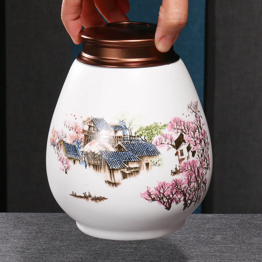 Alloy Lid Sealed Tea Coffee Jar Ceramic Storage Box Landscape Flower Pattern Porcelain Jar Storage Container Interior Decoration