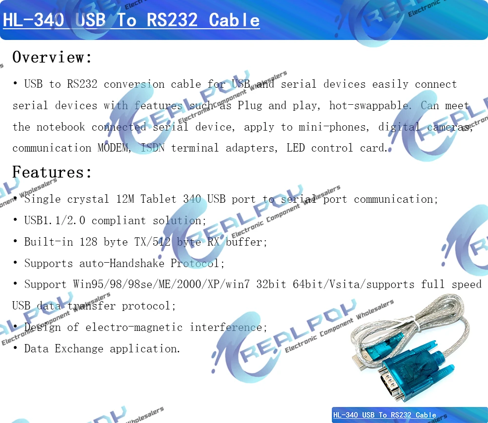 HL-340 HL340 Neuer USB-zu-RS232-COM-Port-Serieller-PDA-Adapter mit FT232 9-Pin-DB9-Kabel, unterstützt WIN11, kompatibel mit CH340 – Detail 1