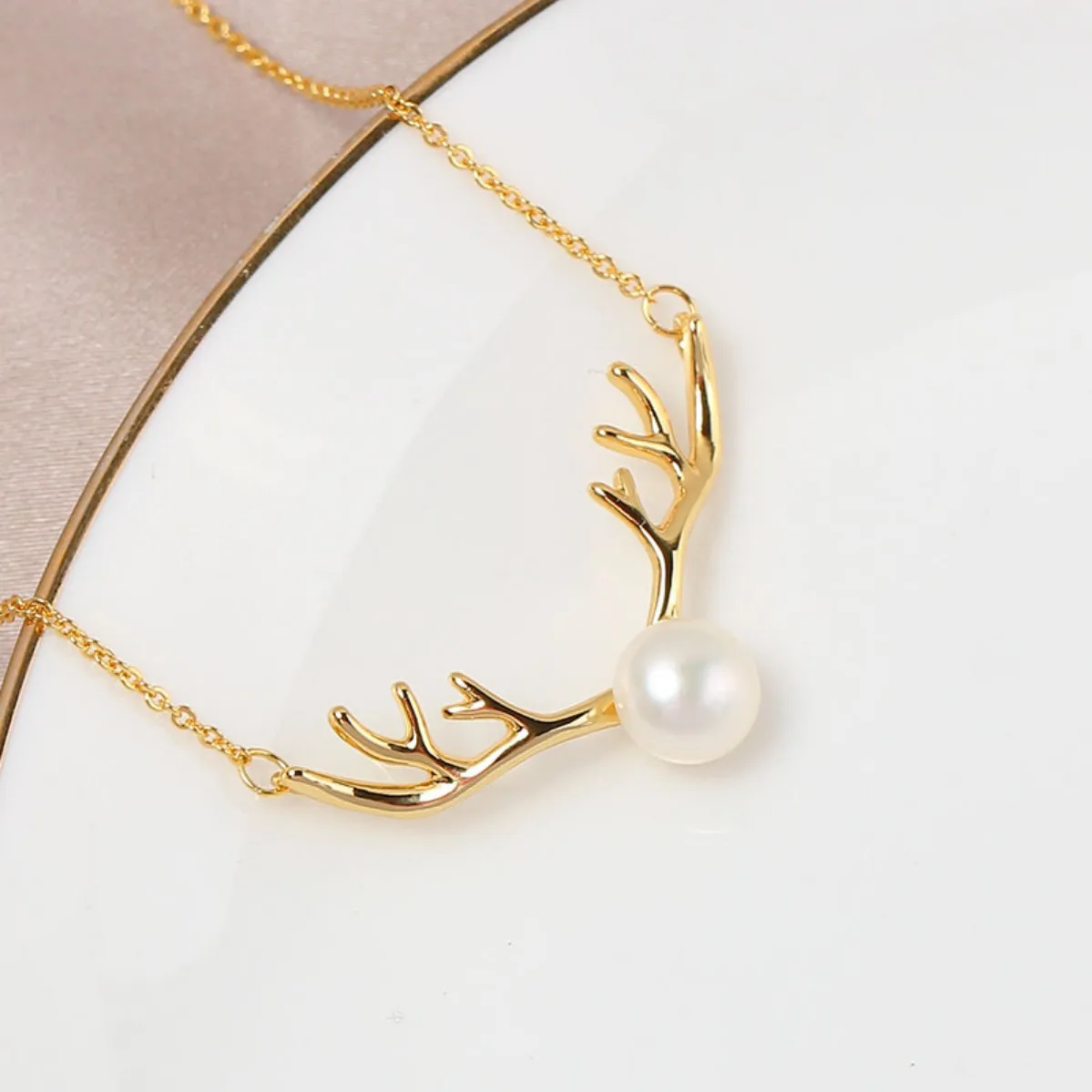 Brass 14K Gold Plated Smooth Antler Pearl Pendant Blank Setting, Simple Versatile DIY Necklace Accessories For Women