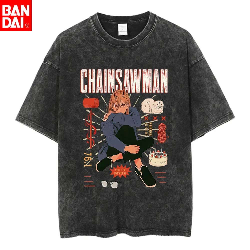 

Chainsaw Man Power Anime T Shirt 2026 Summer Vintage Washed Unisex Loose Fit Short Sleeve Pink Graffiti Streetwear Graphic Tee